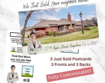 Real Estate Postcards. Just Sold Postcards, 3 Different postcards (front and back) included.