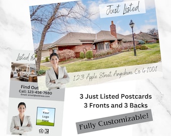 Real Estate Postcards. Just Listed Postcards, 3 Different postcards (front and back) included.