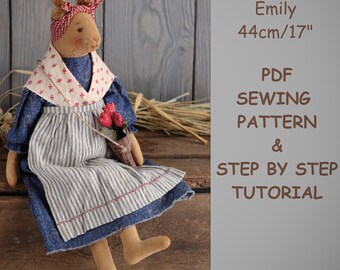 Bunny Doll PDF Pattern and Tutorial 44cm 17"  with clothes, Primitive Bunny Pattern, Primitive doll,  Easter bunny, sewing pattern