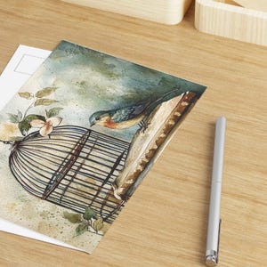 Akwarelowe pocztówki z ptakami, zestaw kart artystycznych, ilustracja klatki dla ptaków w stylu vintage, prezenty dla miłośników natury, wystrój domu, zestaw artykułów piśmiennych