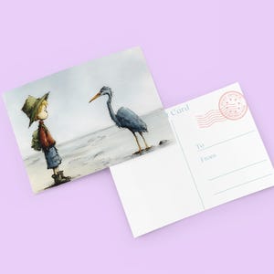 Seaside Encounter” Postcard – Watercolor Boy & Heron Beach Art | Whimsical Animal Postcard | Coastal Stationery | Illustrated Nature Card