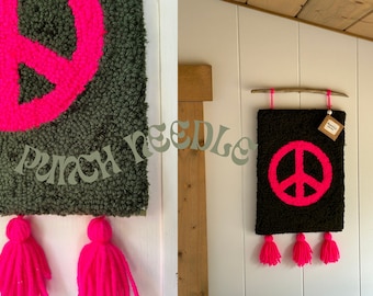 Pink and Green Peace Sign Punch Needle Wall Hanging - Handmade Wall Decor - Punch Needle Wall Decor - Housewarming Gift - Tufted Wall Decor