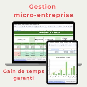 以下が含まれることがあります： ラップトップとタブレットには、財務データと折れ線グラフを含むスプレッドシートが表示されています。「Gestion micro-entreprise」と「Gain de temps garanti」というテキストは赤色です。スプレッドシートには数字と通貨記号が表示されています。