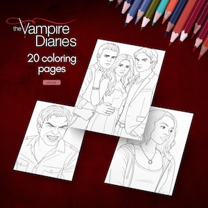 Può includere: Un set di pagine da colorare con i personaggi di "The Vampire Diaries". La copertina mostra il titolo dello show e il testo "20 pagine da colorare". Le pagine sono disegni a tratto in bianco e nero dei personaggi dello show, con pastelli sullo sfondo.