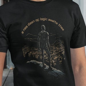 A New Dawn of Logic, Robots Takeover T-shirt, Robots Rising Up T-shirt, Robot city landscape T-shirt, Robotics Tee, Men&#39;s Short Sleeve Tee