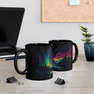 Colorful Aurora Borealis Mug, Northern Lights Mug Aurora Painting Forest Nature Colorful Sky, Night Sky Magic Mug, Ceramic Mug 11oz