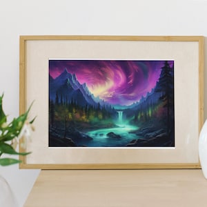 Colorful Aurora Borealis Scenario, Northern Lights, Aurora Painting Wall Art, Forest Wall Art, Nature Wall Art (DIGITAL PRINTABLE FILE)