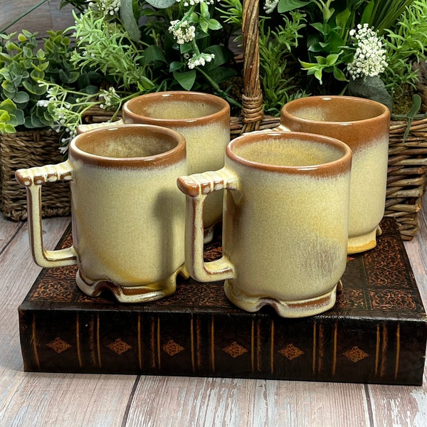 Four Vintage Frankoma Pottery C1 Brown Tan Footed Coffee Tea Cup Mug - Frankoma Brown Satin Mugs (C1) 4-piece set | Vintage Mid Century