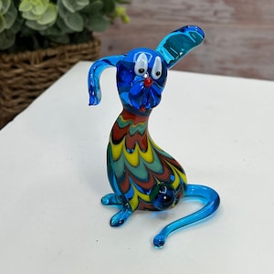 Long Ear Dog Sculpture Glass Puppy Figurine Ornament Hand Blown Statue Multicolor - Murano Style