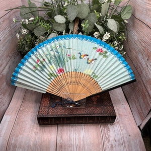 Authentic Japanese Hand Painted Bamboo Folding Fan, Lake Scene - 18” - Hand Painted Japanese Bamboo Fan