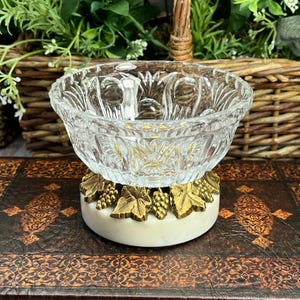 Vintage Crystal Cut Glass Compote Dish with Brass and Marble Base  - Clear Crystal Glass Compote Dish, Crystal Compote Pedestal Candy Dish