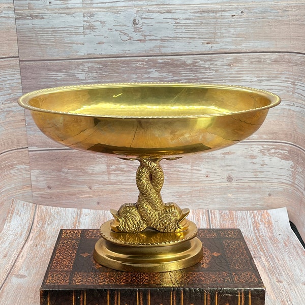 Large Brass Pedestal Dish with Koi Fish - Brass Koi Fish Centerpiece bowl - Gold Planter Trinket Dish Asian Home Decor - Vintage Brass Bowl