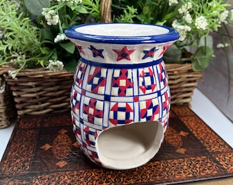 Partylite Americana Oil Wax Quilt Design Geometric Red White Blue Candle Tart Burner - Wax Melter - tart warmer - tart Melter