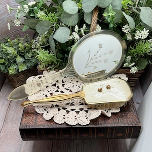 Lucite Mirror & Hair Brush - Art Deco Clear Lucite Dresser Mirror with Floral Design - Vintage  Floral Design Gold Vanity Dresser Hairbrush