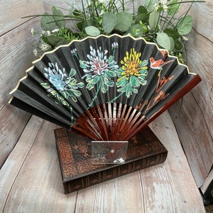 Vintage Hand Painted Chinese Wooden Folding Fan, Flower Scene - 18” - Hand Painted Chinese Paper Folding Fan