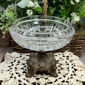 Vintage Crystal Cut Glass Compote Dish with Brass Base  - Clear Crystal Glass Compote Dish, Crystal Compote Pedestal Candy Dish