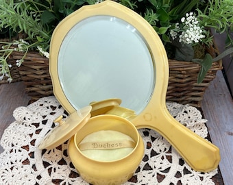 Vintage Celluloid Ivory Py-Ra-Lin Mirror - Celluloid Beveled Mirror - Celluloid Powder Box