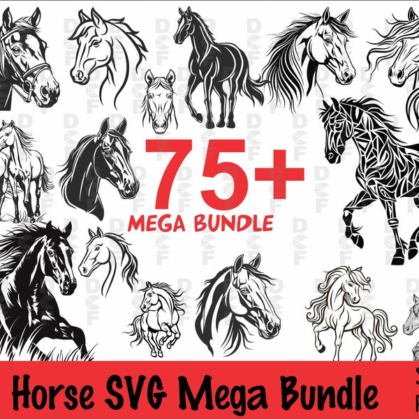 75 Horse SVG Mega Bundle, Horse Silhouette, Horse Head, Black Horse, Whimsical horse PNG, Vector, Transparent Background, Clipart, svg files