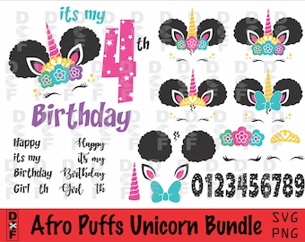 Afro Puffs Unicorn Bundle SVG, PNG Instant Download, Birthday, t shirt, wall art. Cute design.