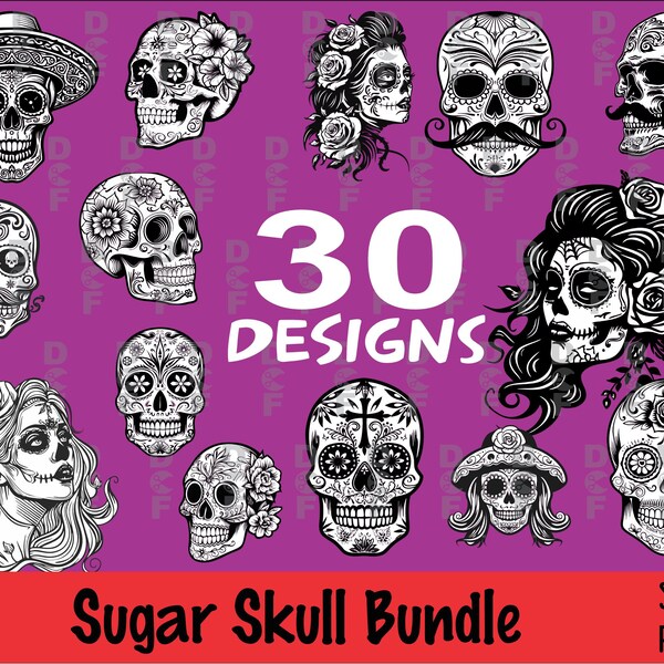 Sugar Skull SVG Bundle, PNG, 30 fichiers, téléchargement, Jour des morts, Cricut, silhouette, artisanat en téléchargement numérique, fleurs tête de mort mexicaine