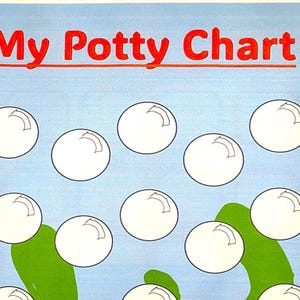 May include: A light blue potty training chart with the red text My Potty Chart at the top. The chart features a grid of white circular bubbles with black outlines and curved lines inside, accented by green organic shapes at the bottom.