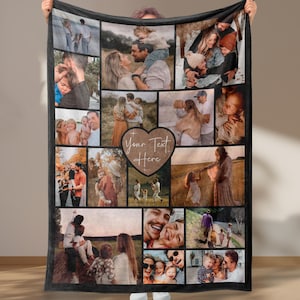 May include: A personalized photo blanket featuring a collage of family photos. The blanket is black with a border and includes a heart-shaped text area that says "Your Text Here". The blanket is a cozy home decor item.