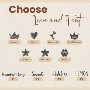Może przedstawiać: Beżowa grafika z napisem "Choose Icon and Font" w kolorze brązowym. Poniżej ikony korony, serca, gwiazd i ślad&oacute;w łap. Opcje czcionek to Handwriting, Sweet, Ashley i Lemon.