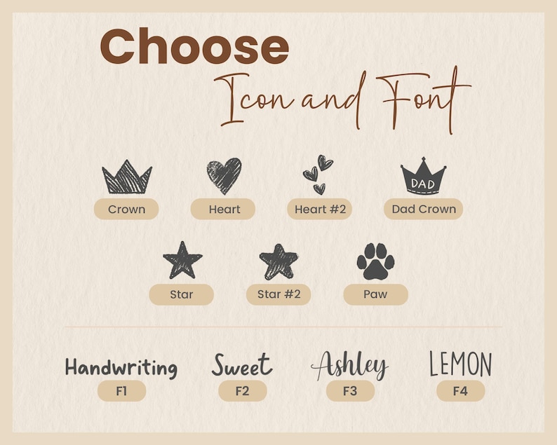 Może przedstawiać: Beżowa grafika z napisem "Choose Icon and Font" w kolorze brązowym. Poniżej ikony korony, serca, gwiazd i ślad&oacute;w łap. Opcje czcionek to Handwriting, Sweet, Ashley i Lemon.