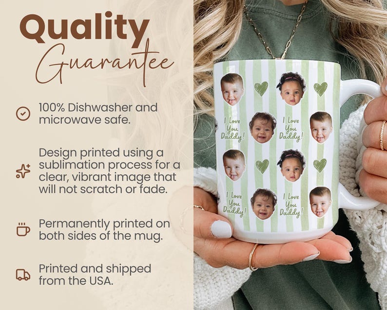 Może przedstawiać: Biały ceramiczny kubek z zielonym wzorem w paski, z zdjęciami dzieci i zielonymi grafikami serc. Kubek ma napis "I Love You Daddy!" i nadaje się do mycia w zmywarce i kuchence mikrofalowej.