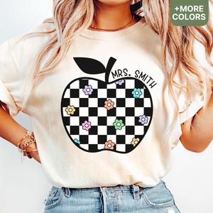 Comfort Colors® Custom Checkered Teacher Shirt, Apple Teacher Shirt, Teacher Appreciation Gifts, Personalized Retro Teacher Shirt - SHIRT32