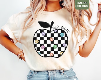 Comfort Colors® Custom Checkered Teacher Shirt, Apple Teacher Shirt, Teacher Appreciation Gifts, Personalized Retro Teacher Shirt - SHIRT32
