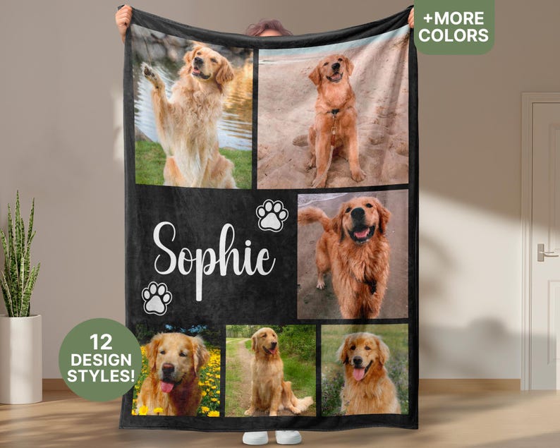 Dog Cat Picture Bedding Blanket With Text, Customized Name Photo Blanket Collage, Memorial Pet Face Loss Keepsake Gift - (BLANKET-1 DOG) image 1