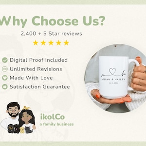 May include: White ceramic mug with a heart design and the names "Noah & Hailey" and a date. The image includes text that says "Why Choose Us?" and lists features like "Digital Proof Included" and "Satisfaction Guarantee."