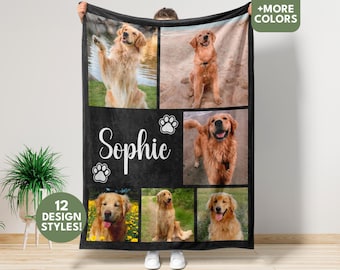 Custom Pet Photo Collage Blanket, Dog Memorial Keepsake Gift, Personalized Name Pet Owner Bedding