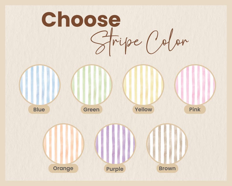 K&ouml;nnte beinhalten: Ein Bild mit dem Text "Choose Stripe Color" &uuml;ber sieben Kreisen. Jeder Kreis enth&auml;lt vertikale Streifen in verschiedenen Farben: Blau, Gr&uuml;n, Gelb, Rosa, Orange, Lila und Braun. Der Hintergrund ist hellbeige.