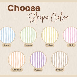 Może przedstawiać: Obraz z tekstem "Choose Stripe Color" nad siedmioma okrągłymi wzorami. Każde koło ma pionowe paski w r&oacute;żnych kolorach: niebieskim, zielonym, ż&oacute;łtym, r&oacute;żowym, pomarańczowym, fioletowym i brązowym. Tło jest jasnobeżowe.