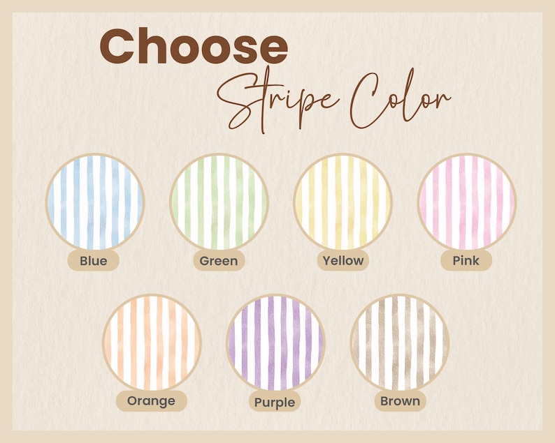 Może przedstawiać: Obraz z tekstem "Choose Stripe Color" nad siedmioma okrągłymi wzorami. Każde koło ma pionowe paski w r&oacute;żnych kolorach: niebieskim, zielonym, ż&oacute;łtym, r&oacute;żowym, pomarańczowym, fioletowym i brązowym. Tło jest jasnobeżowe.
