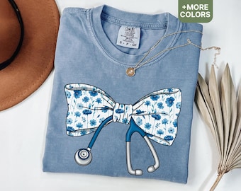Comfort Colors Coquette Nurse Shirt, Bow Stethoscope RN Tee