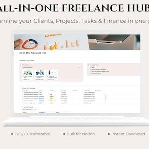 Peut inclure: Un écran d'ordinateur portable blanc affichant une interface All-in-One Freelance Hub pour Notion. Le tableau de bord présente des sections pour le pipeline actif, les tâches, la gestion des projets et des graphiques de données.