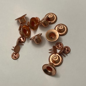 May include: A collection of copper-colored jean rivets and burrs, scattered on a light background. The rivets have a rounded cap and a post with prongs, while the burrs are circular with a central hole. These are likely used for denim jeans.