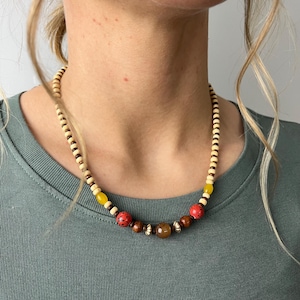 Handmade Glass and Wood Bead Necklace, Indian Vintage Jewelry, Boho Necklace