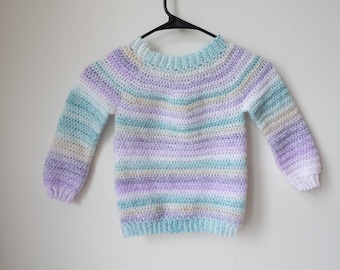 Handmade Crochet Striped Crew Neck Sweater Pullover Girl's 4 Gift Knit Yoke Down Hand NEW Toddler Kid Pastel Purple Green Gift Easter 4T