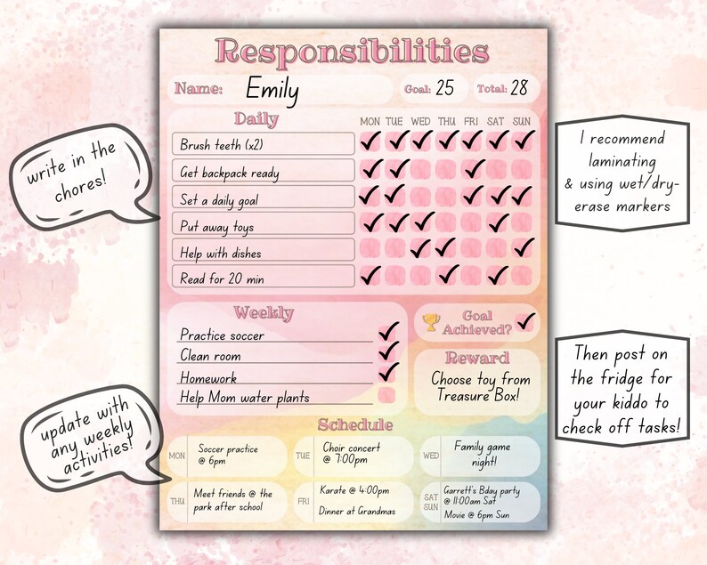 Printable Chore Chart for Kids, Kids Chore Chart Printable, Kids Reward ...