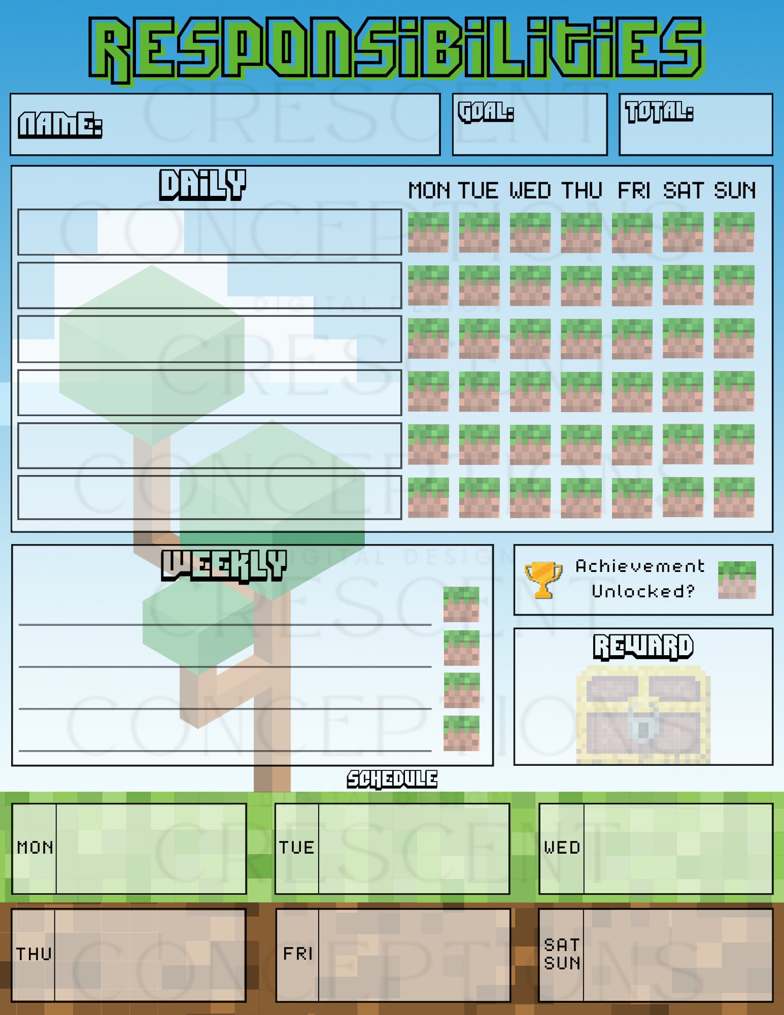 Printable MINECRAFT Chore Chart for Kids,responsibility Chart for Kids ...