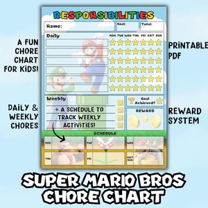 Quadro de tarefas do Super Mario Bros para crianças, Quadro de responsabilidades para crianças, Quadro de tarefas para impressão para crianças, Quadro de recompensas para crianças, Quadro de rotina para crianças