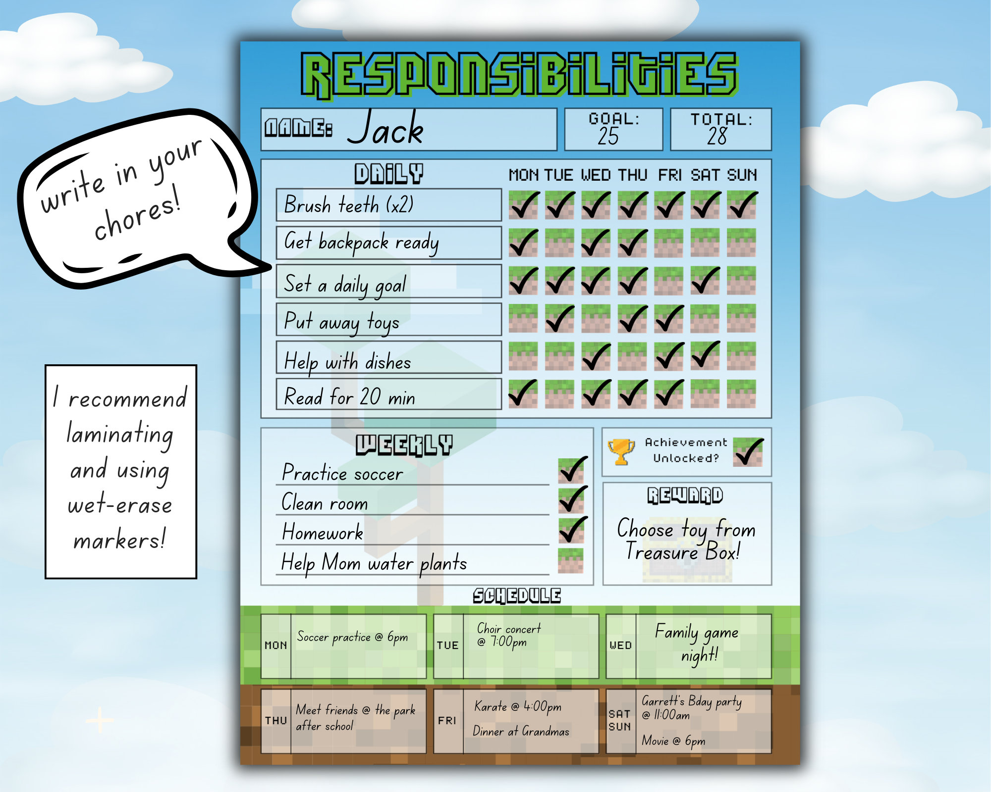 Printable MINECRAFT Chore Chart for Kids, Minecraft Responsibility ...