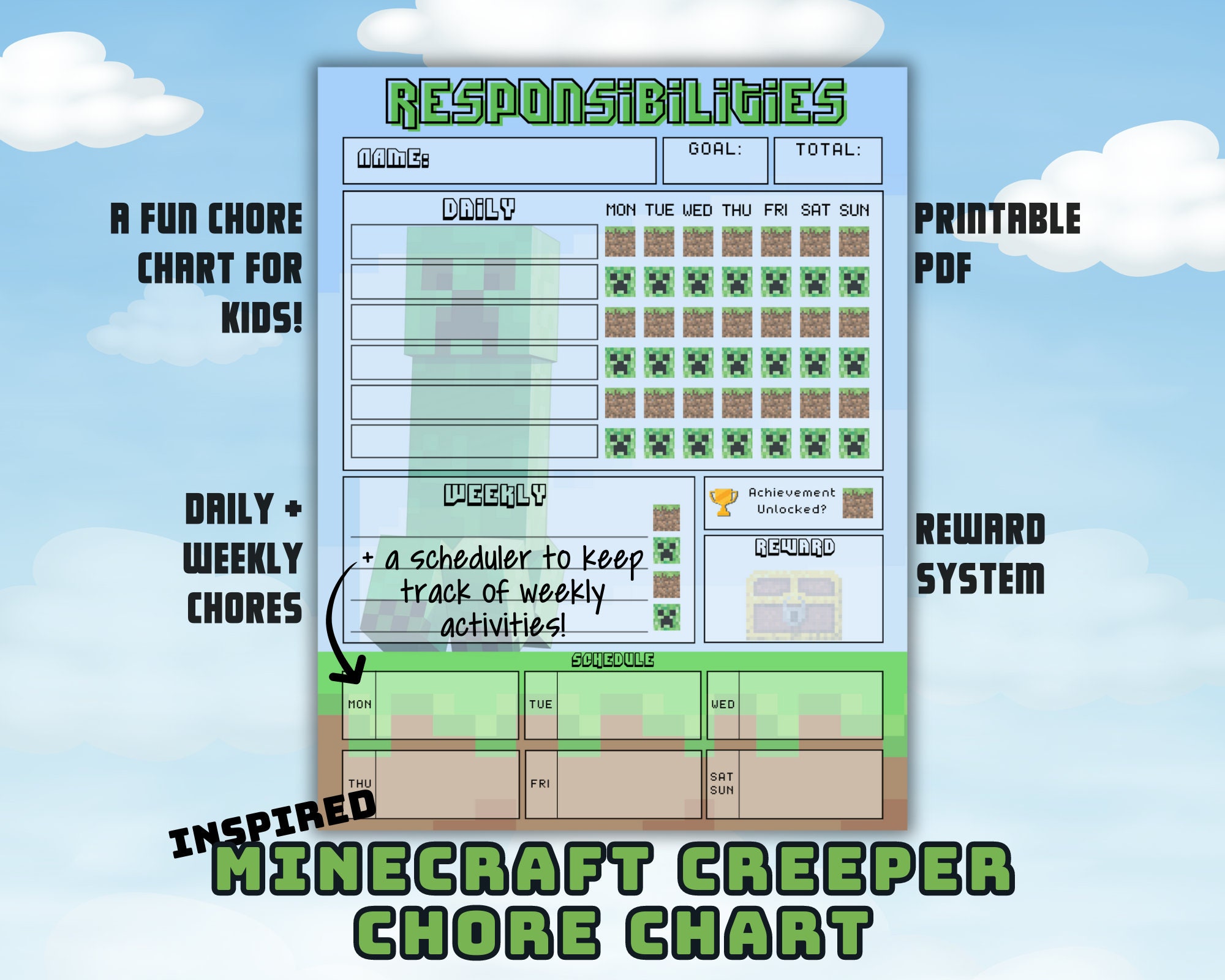Printable MINECRAFT Chore Chart for Kids, Minecraft Creeper ...