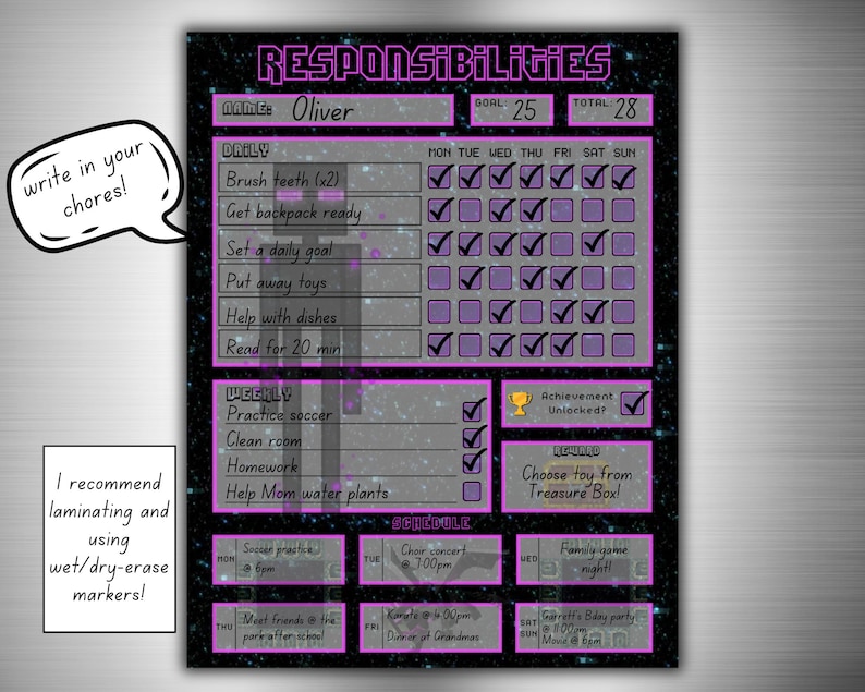 Printable MINECRAFT Chore Chart for Kids, Minecraft Responsibility ...