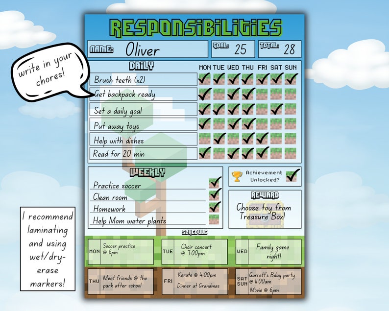 Printable MINECRAFT Chore Chart for Kids,responsibility Chart for Kids ...