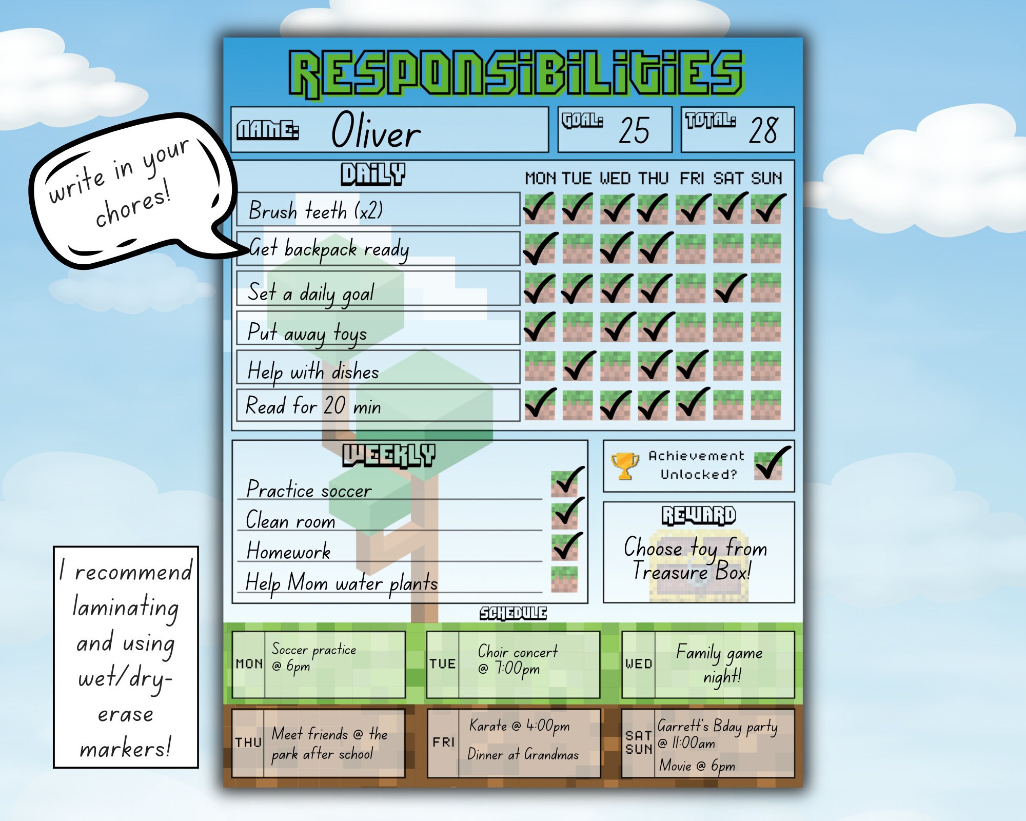 Printable MINECRAFT Chore Chart for Kids,responsibility Chart for Kids ...
